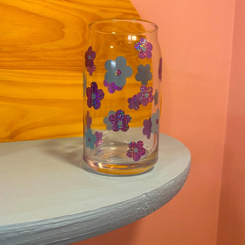 Holographic flower glass cup, fairycore cup, iridescent glass cup